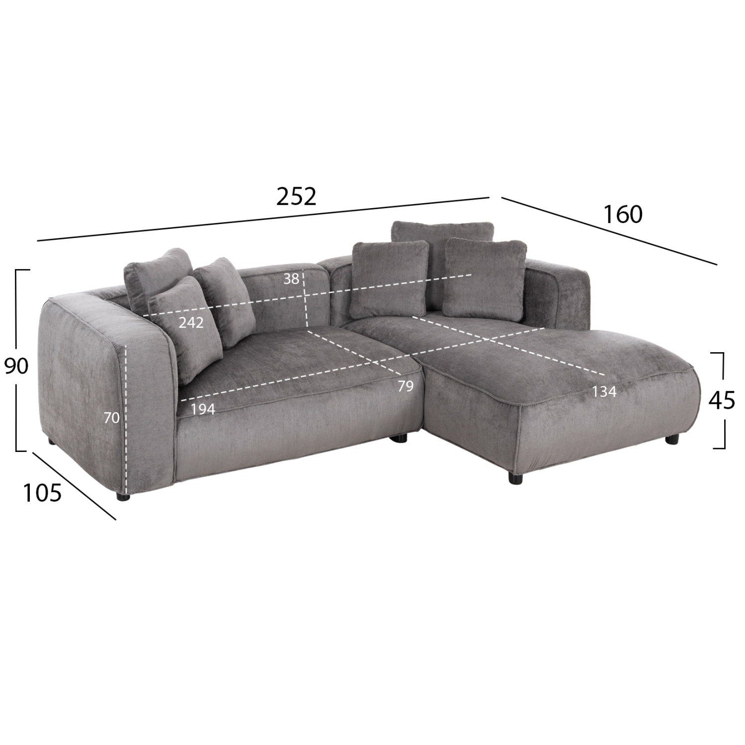 ΚΑΝΑΠΕΣ ΓΩΝΙΑ 3-ΘΕΣΙΟΣ GRACE HM3280.03R ΓΚΡΙ ΥΦΑΣΜΑ 252x105-160x70-90Υεκ. - Image 2