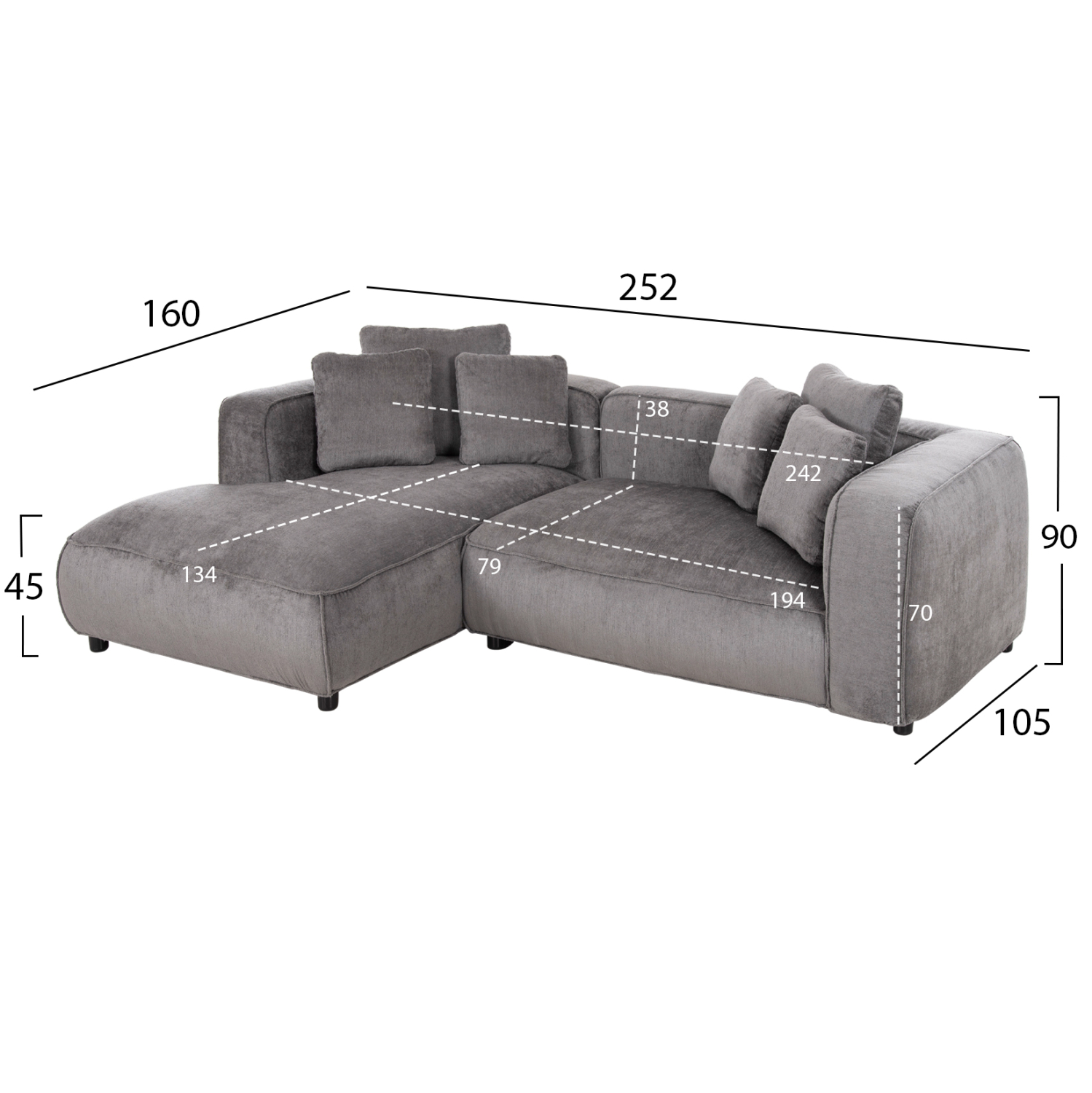 ΚΑΝΑΠΕΣ ΓΩΝΙΑ (ΑΡΙΣΤΕΡΗ) 3-ΘΕΣΙΟΣ GRACE HM3280.03L ΓΚΡΙ ΥΦΑΣΜΑ 252x160x70-90Υεκ - Image 2