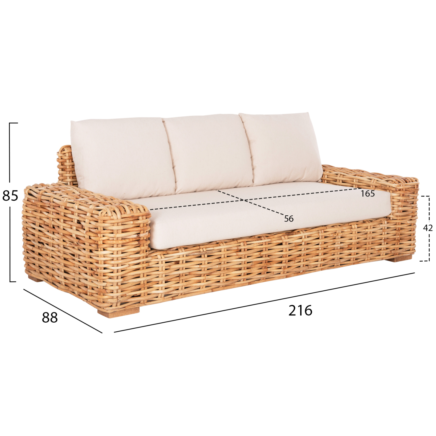 ΚΑΝΑΠΕΣ ΤΡΙΘΕΣΙΟΣ ΕΞ.ΧΩΡΟΥ TROPEL HM9808 ΞΥΛΟ MANGO-RATTAN ΦΥΣΙΚΟ-ΛΕΥΚΑ ΜΑΞΙΛΑΡΙΑ 216x88x85Υεκ - Image 2