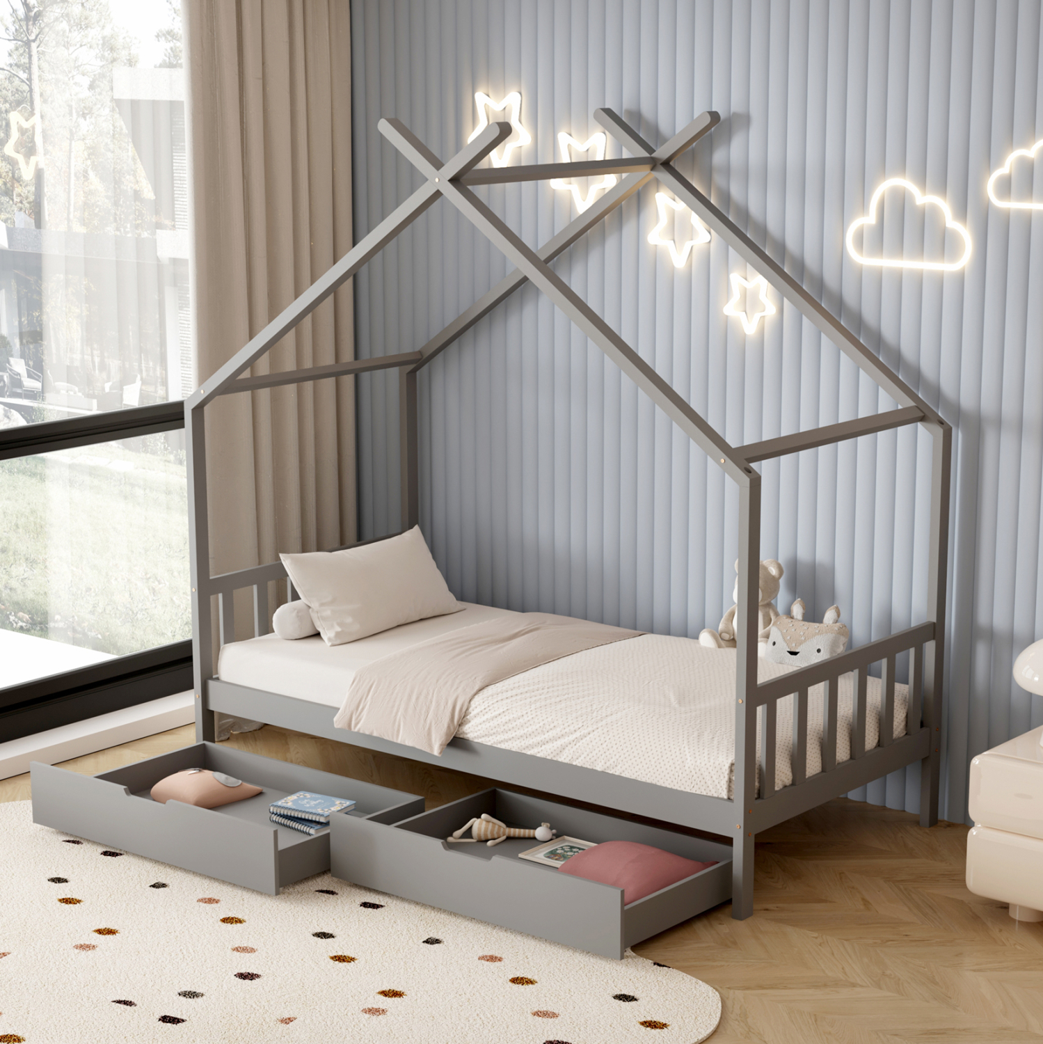 ΚΡΕΒΑΤΙ ΠΑΙΔΙΚΟ KLARICE HM680.05 τ.MONTESSORI-2 ΣΥΡΤΑΡΙΑ- ΞΥΛΟ ΠΕΥΚΟΥ ΓΚΡΙ-190x90εκ - Image 2
