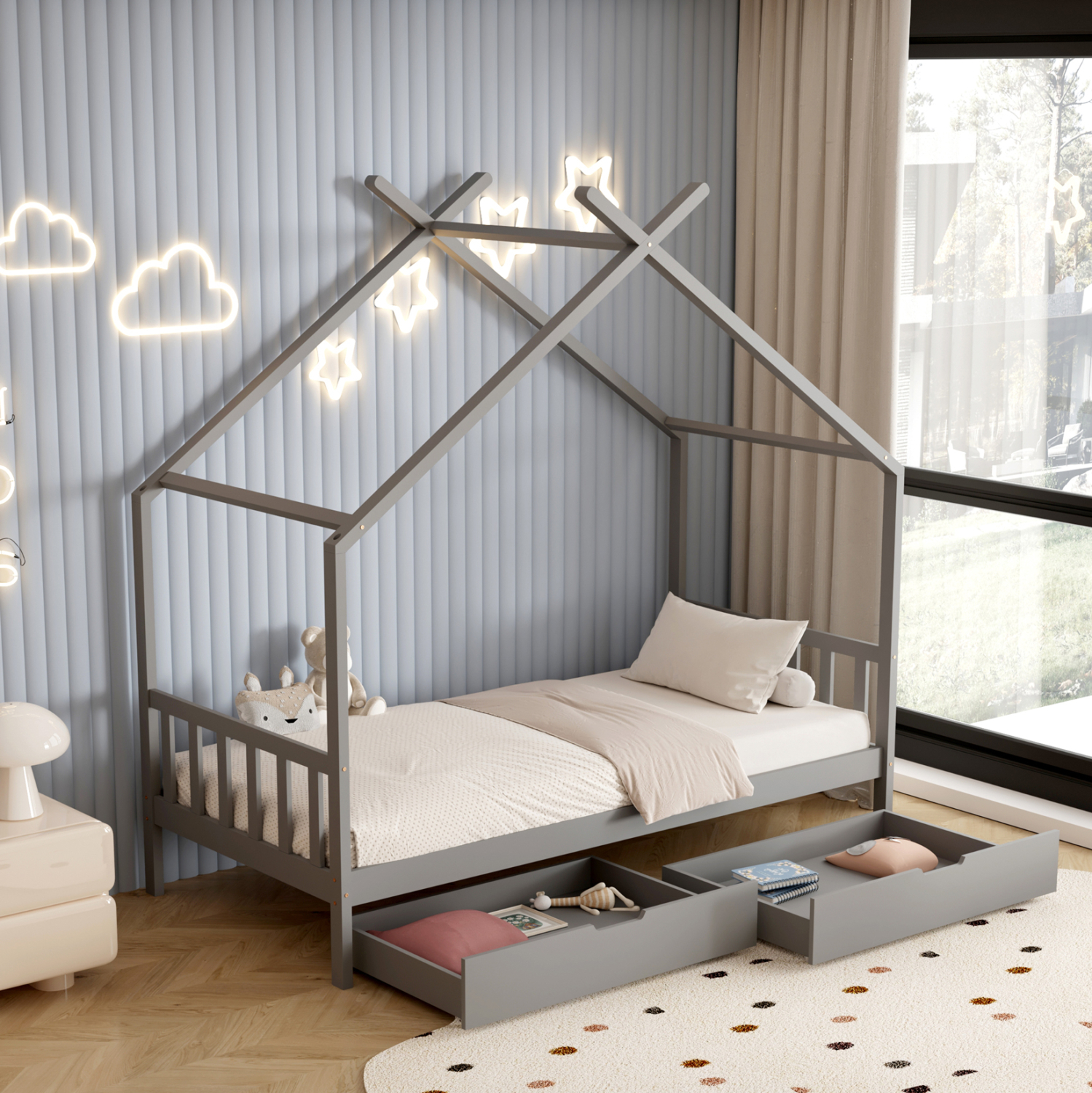 ΚΡΕΒΑΤΙ ΠΑΙΔΙΚΟ KLARICE HM680.05 τ.MONTESSORI-2 ΣΥΡΤΑΡΙΑ- ΞΥΛΟ ΠΕΥΚΟΥ ΓΚΡΙ-190x90εκ - Image 4