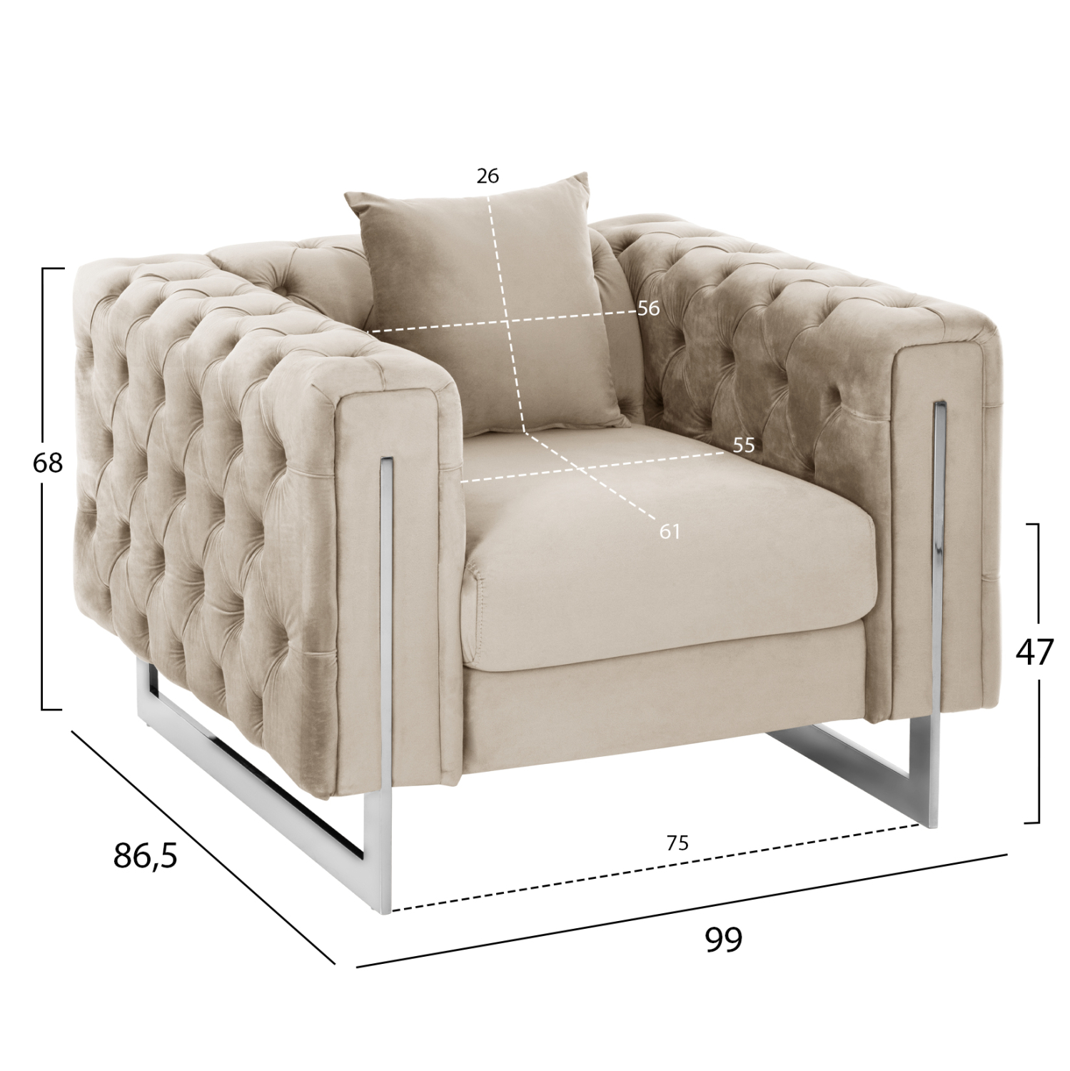 ΠΟΛΥΘΡΟΝΑ τ.CHESTERFIELD MOBAR HM3261.02 ΚΡΕΜ ΒΕΛΟΥΔΟ-ΜΕΤΑΛΛΙΚΑ ΠΟΔΙΑ 99x86,5x77Υεκ. - Image 2