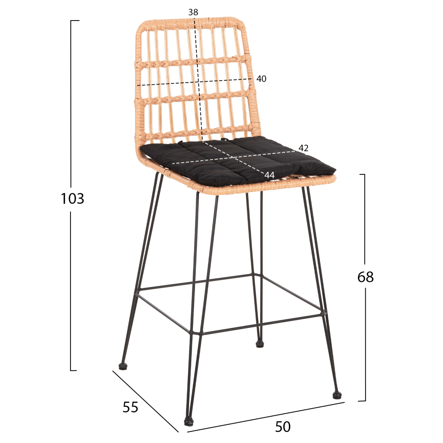 ΣΚΑΜΠΟ ΜΕΣ.ΥΨΟΥΣ ALLEGRA HM5643.11 ΜΕΤΑΛΛΟ&ΜΑΞΙΛΑΡΙ ΜΑΥΡΟ-WICKER ΜΠΕΖ 50x55x103Υεκ. - Image 2