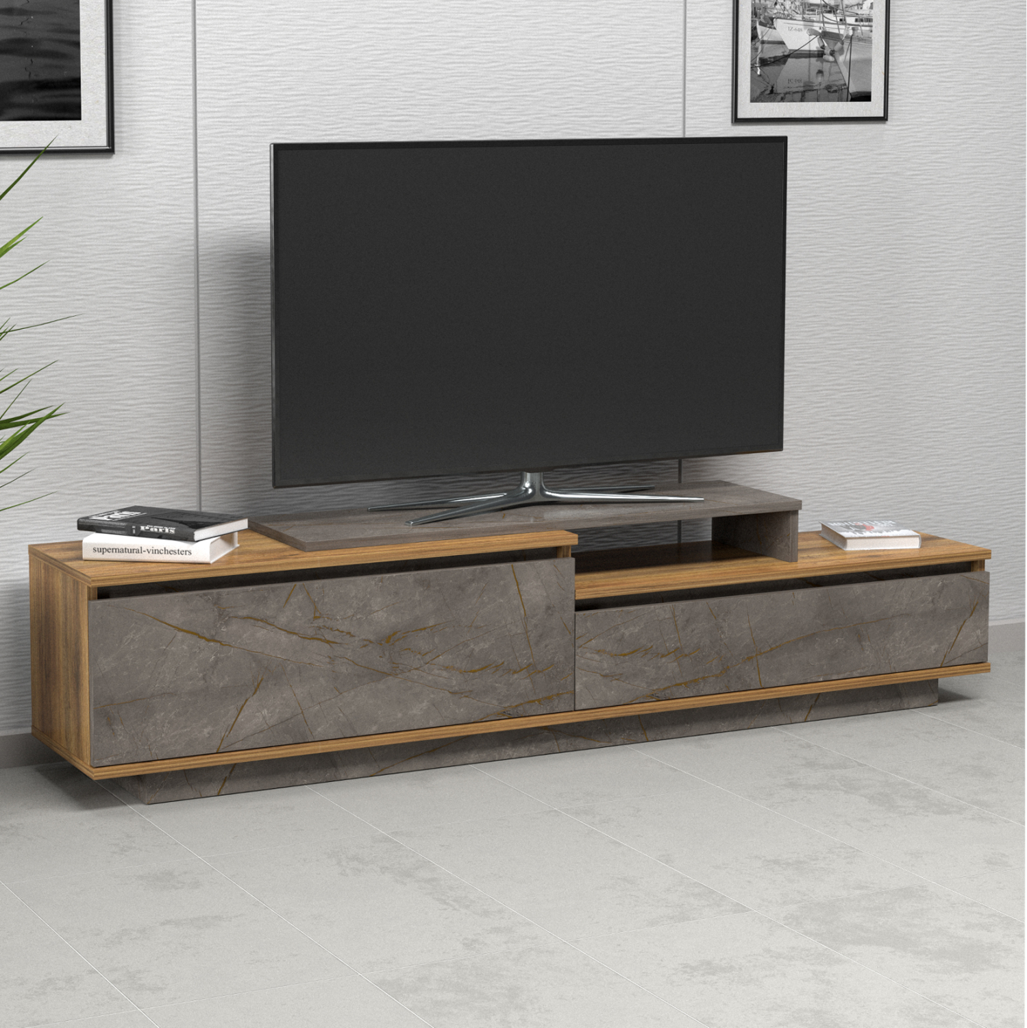 ΕΠΙΠΛΟ TV LEIS HM18186 ΜΕΛΑΜΙΝΗ ΣΕ ΦΥΣΙΚΟ ΞΥΛΟΥ & ΟΨΗ ΓΚΡΙ ΜΑΡΜΑΡΟ 180x35x42Υεκ. - Image 2