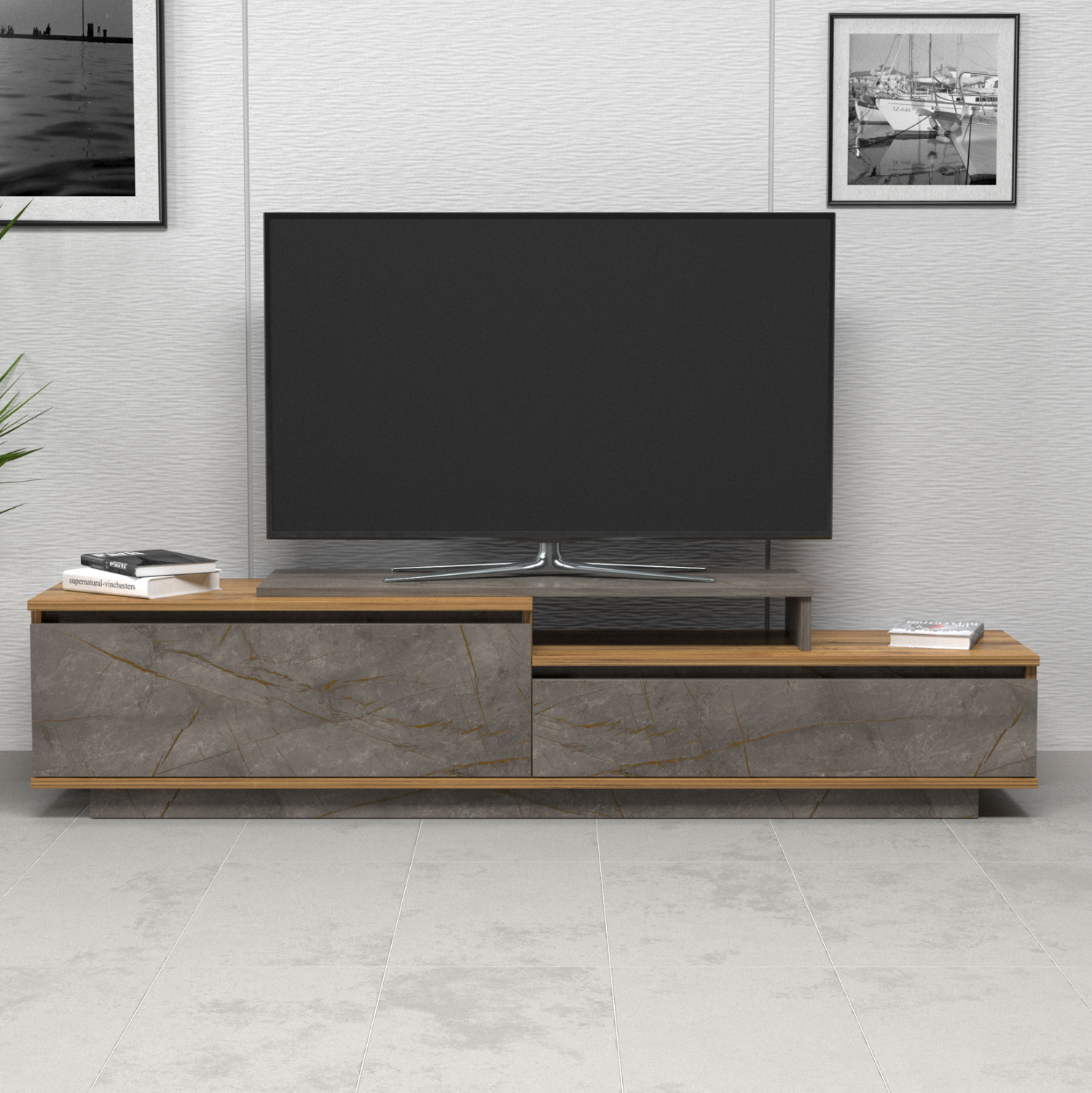 ΕΠΙΠΛΟ TV LEIS HM18186 ΜΕΛΑΜΙΝΗ ΣΕ ΦΥΣΙΚΟ ΞΥΛΟΥ & ΟΨΗ ΓΚΡΙ ΜΑΡΜΑΡΟ 180x35x42Υεκ. - Image 3