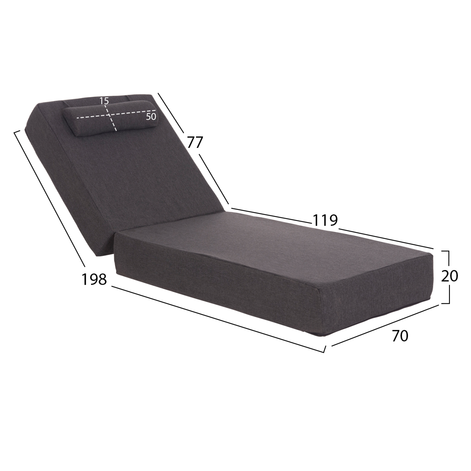 ΜΑΞΙΛΑΡΙ ΞΑΠΛΩΣΤΡΑΣ KIHEI HM21094.03 OLEFIN ΣΚΟΥΡΟ ΓΚΡΙ ΜΕ FOAM 198x70x20Υεκ - Image 2
