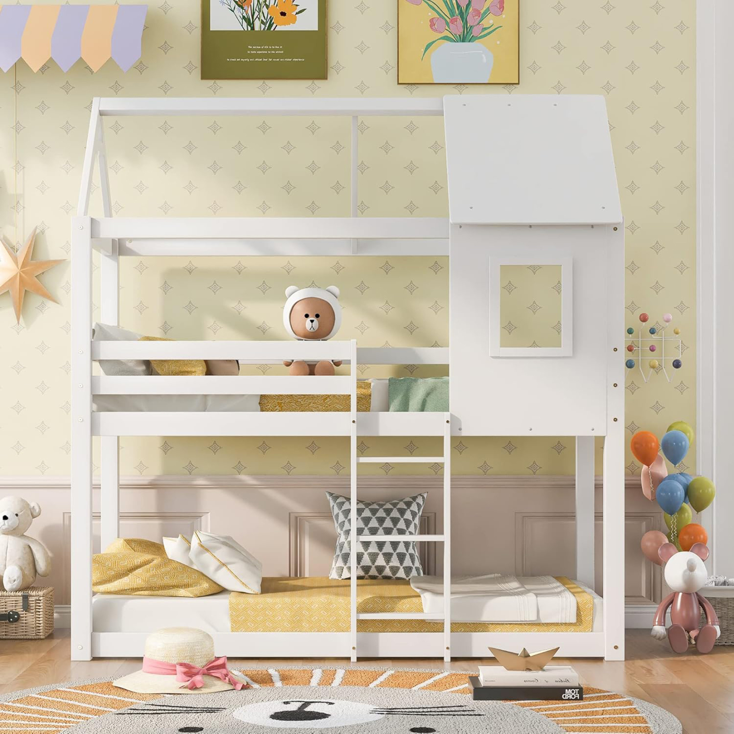 ΠΑΙΔΙΚΗ ΚΟΥΚΕΤΑ ΣΠΙΤΑΚΙ  τ.MONTESSORI HOOD HM705.03 ΞΥΛΟ ΠΕΥΚΟΥ ΣΕ ΛΕΥΚΟ-ΣΤΡΩΜΑΤΑ 190x90εκ - Image 4