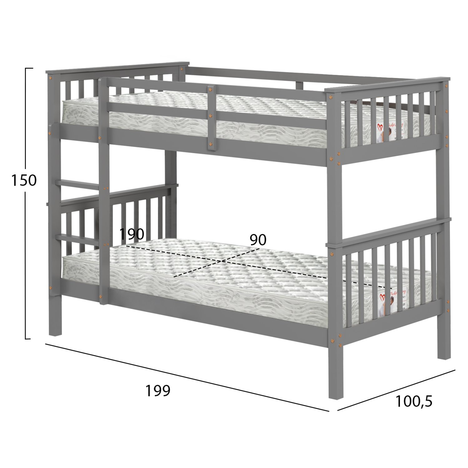 ΚΟΥΚΕΤΑ ΠΑΙΔΙΚΗ ΜΕ 2 ΣΤΡΩΜΑΤΑ LANTAI HM21307.02 ΞΥΛΟ ΠΕΥΚΟΥ ΓΚΡΙ--ΣΤΡΩΜΑΤΑ 90x190εκ - Image 3