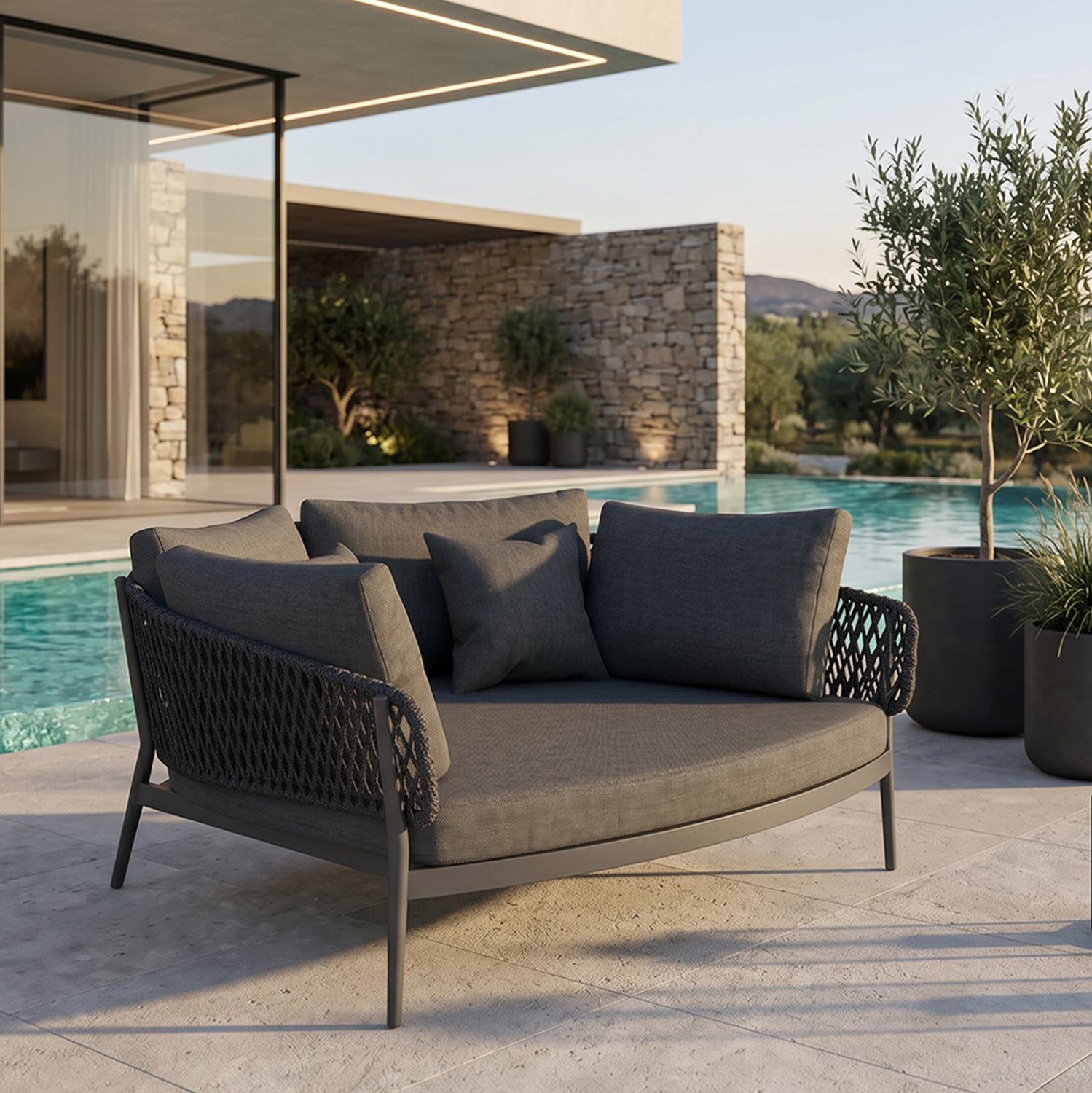 DAYBED 2ΘΕΣΙΟ ΣΕΙΡΑ CAMELLIA HM6217.01 ΣΚΟΥΡΟ ΓΚΡΙ ΑΛΟΥΜΙΝΙΟ-P.E.ΣΧΟΙΝΙ-OLEFIN 164x144x70Υεκ. - Image 2